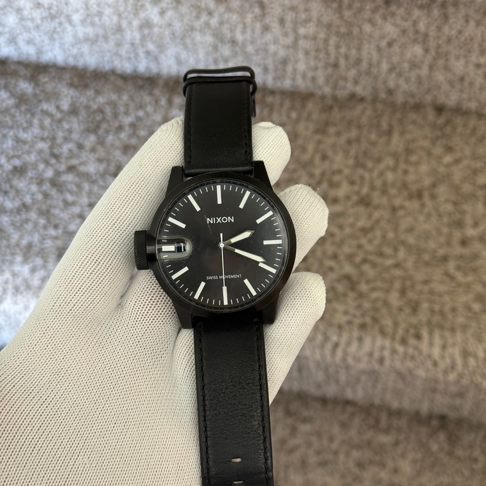 Nixon Swiss Black Dial Chronicle Black PVD Leather Band Men's Watch
